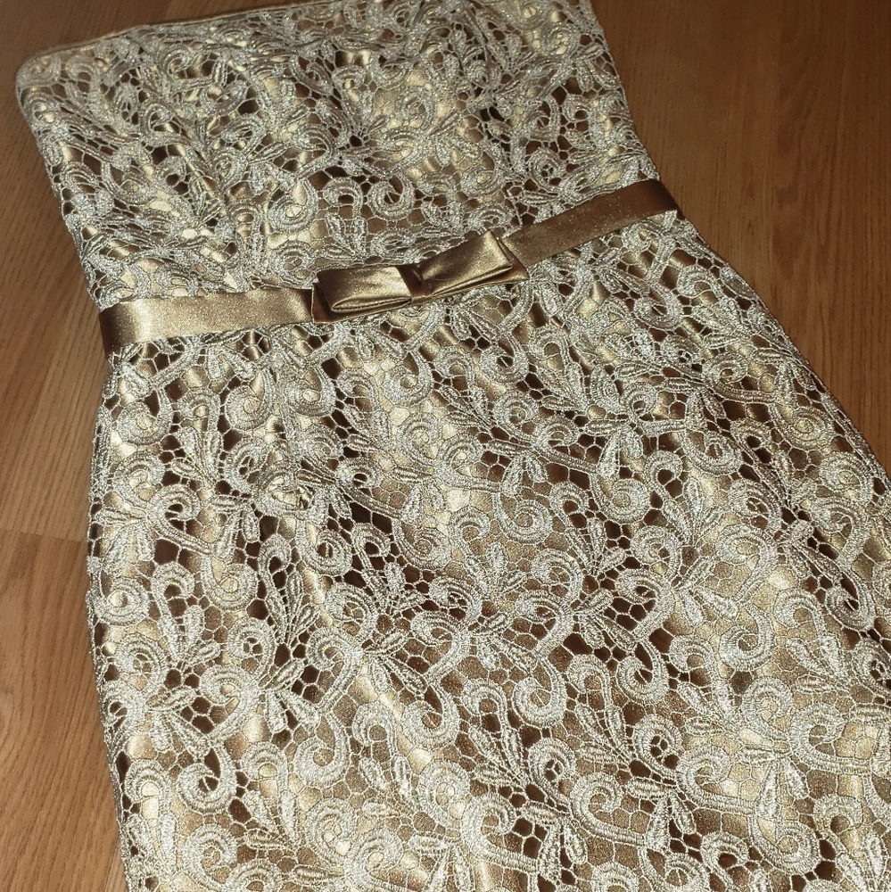 Cache Strapless Gold Midi Embroidered Dress - Picture 4 of 10